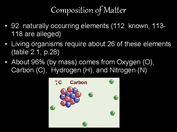 Composition of Matter • 92 naturally occurring elements (112 known, 113118 are alleged) •