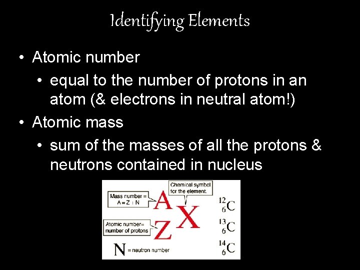 Identifying Elements • Atomic number • equal to the number of protons in an