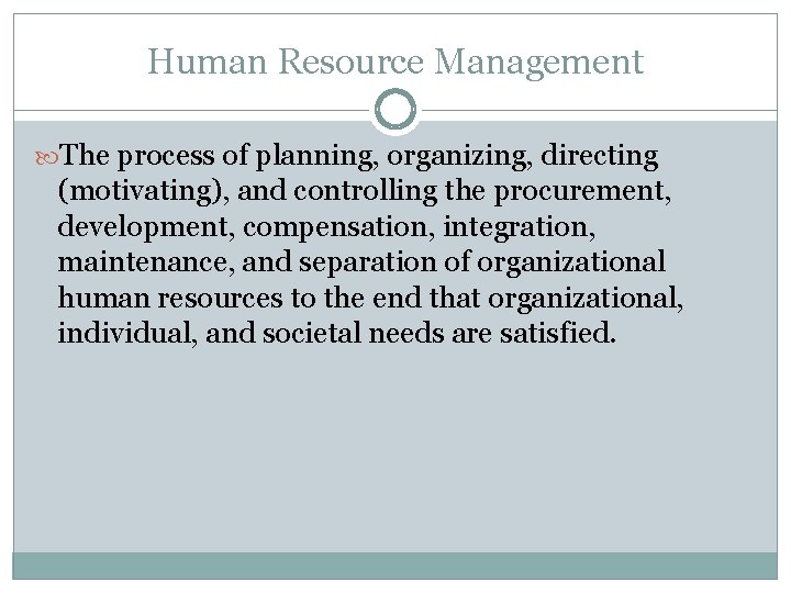 Human Resource Management The process of planning, organizing, directing (motivating), and controlling the procurement,