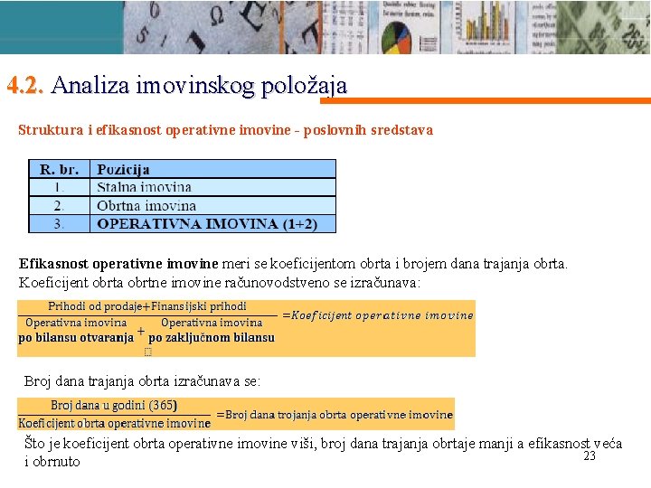 4. 2. Analiza imovinskog položaja Struktura i efikasnost operativne imovine - poslovnih sredstava Efikasnost