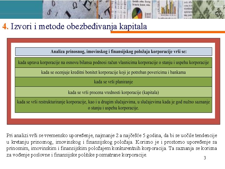 4. Izvori i metode obezbeđivanja kapitala Pri analizi vrši se vremensko upoređenje, najmanje 2