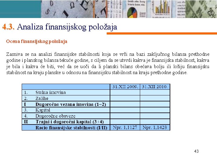 4. 3. Analiza finansijskog položaja Ocena finansijskog položaja Zasniva se na analizi finansijske stabilnosti