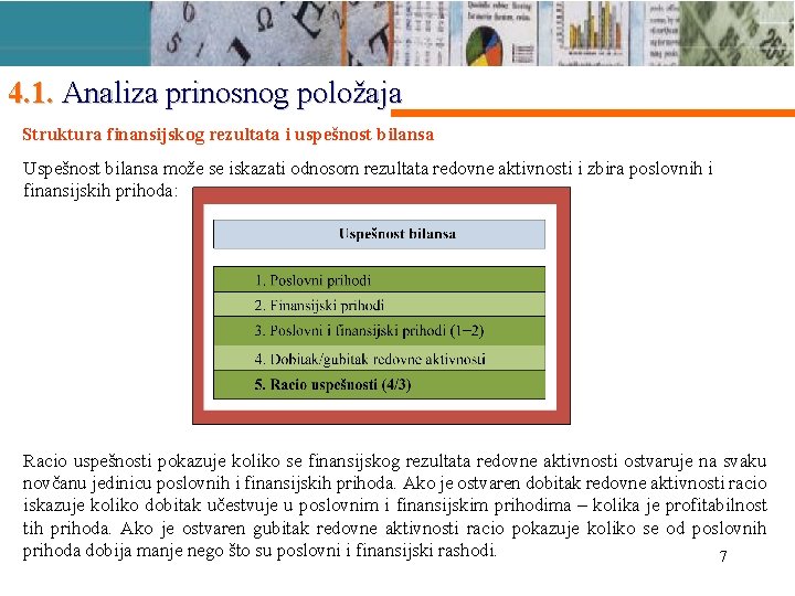 4. 1. Analiza prinosnog položaja Struktura finansijskog rezultata i uspešnost bilansa Uspešnost bilansa može