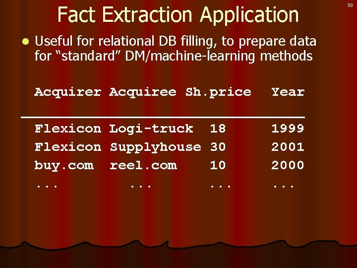 Fact Extraction Application l Useful for relational DB filling, to prepare data for “standard”