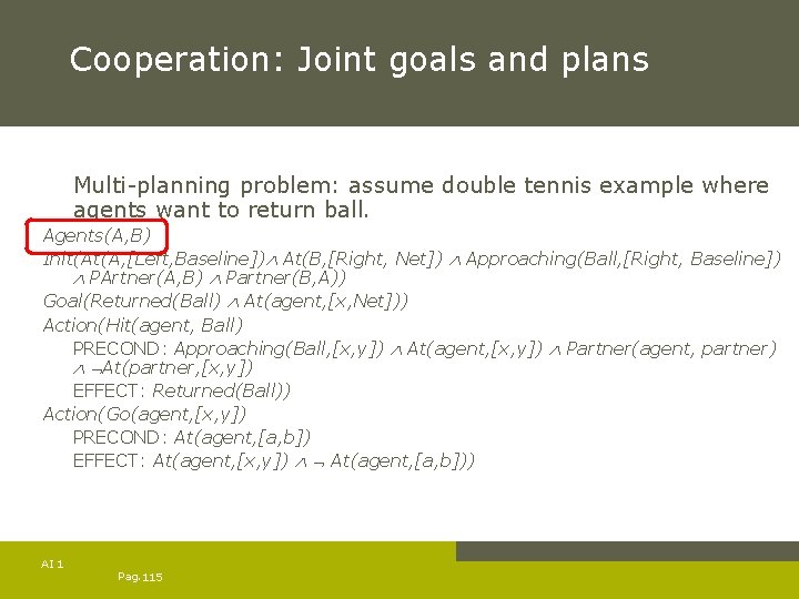 Cooperation: Joint goals and plans Multi-planning problem: assume double tennis example where agents want