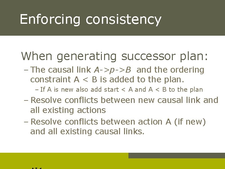 Enforcing consistency When generating successor plan: – The causal link A->p->B and the ordering