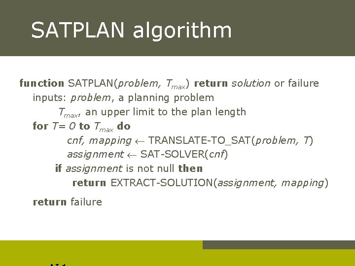 SATPLAN algorithm function SATPLAN(problem, Tmax) return solution or failure inputs: problem, a planning problem
