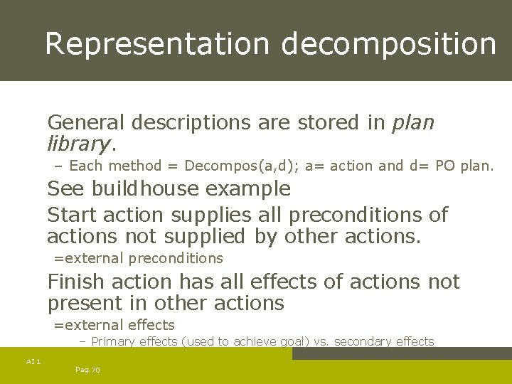 Representation decomposition General descriptions are stored in plan library. – Each method = Decompos(a,