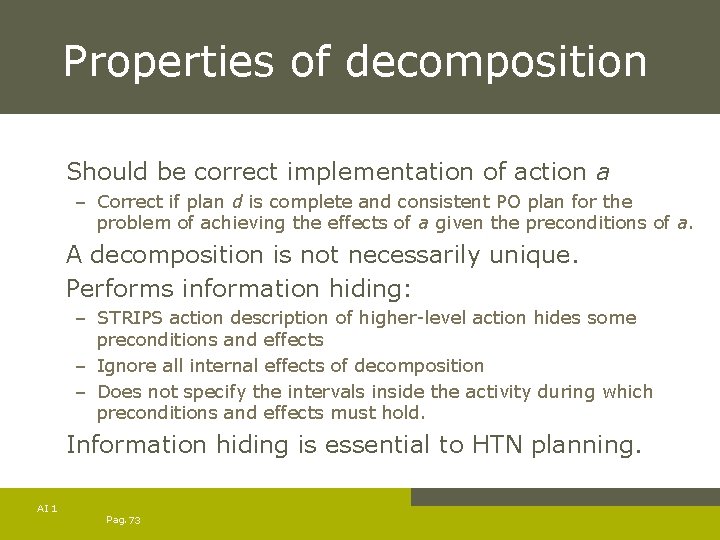 Properties of decomposition Should be correct implementation of action a – Correct if plan