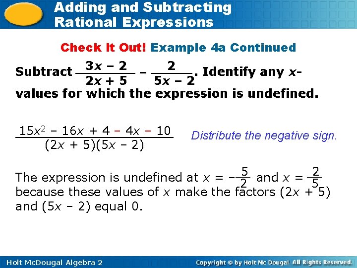 Adding and Subtracting Rational Expressions Check It Out! Example 4 a Continued 3 x