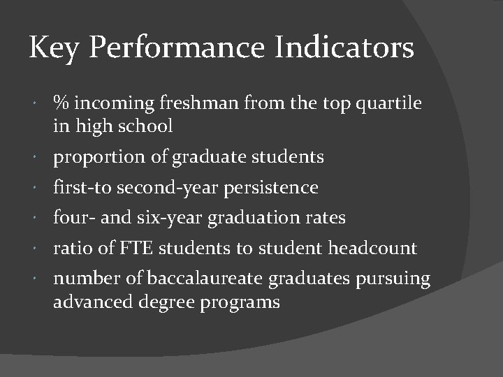 Key Performance Indicators % incoming freshman from the top quartile in high school proportion