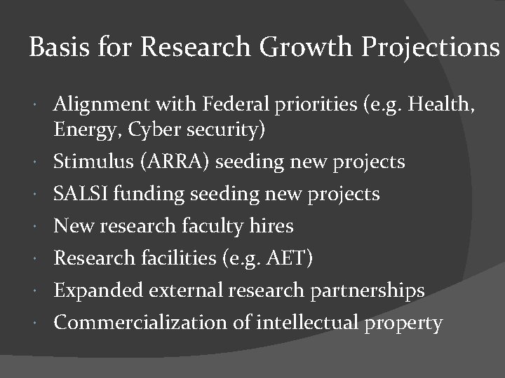 Basis for Research Growth Projections Alignment with Federal priorities (e. g. Health, Energy, Cyber