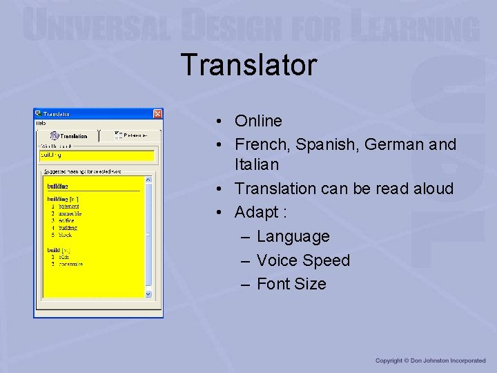 Translator • Online • French, Spanish, German and Italian • Translation can be read
