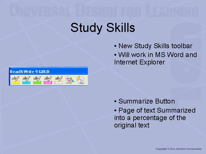 Study Skills • New Study Skills toolbar • Will work in MS Word and