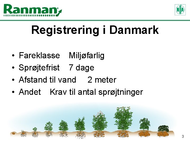 Registrering i Danmark • • Fareklasse Miljøfarlig Sprøjtefrist 7 dage Afstand til vand 2