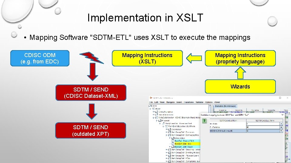 Implementation in XSLT • Mapping Software "SDTM-ETL" uses XSLT to execute the mappings CDISC