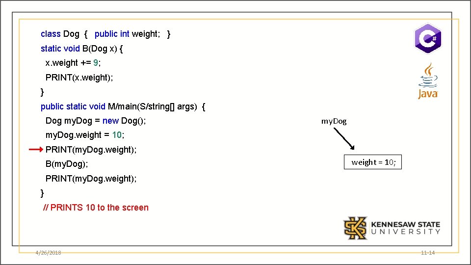 class Dog { public int weight; } static void B(Dog x) { x. weight