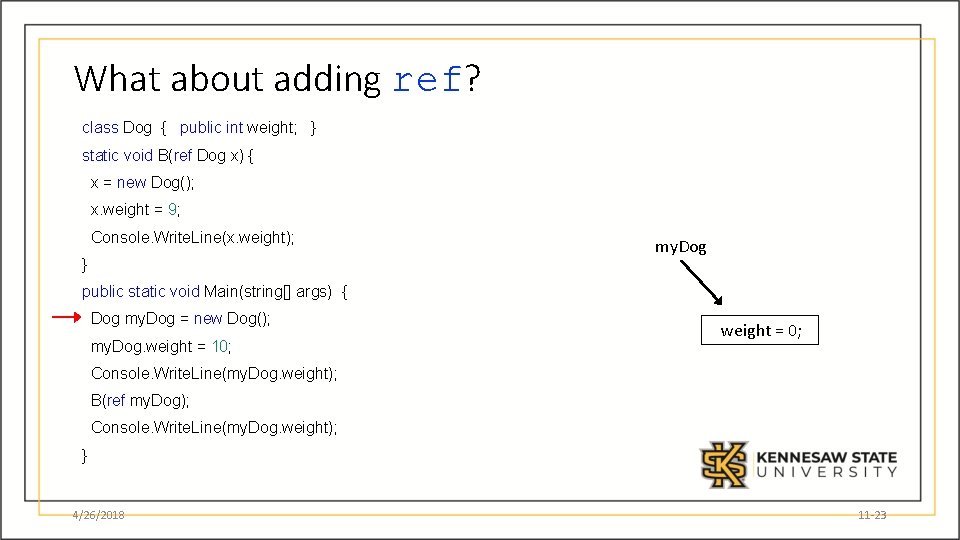 What about adding ref? class Dog { public int weight; } static void B(ref