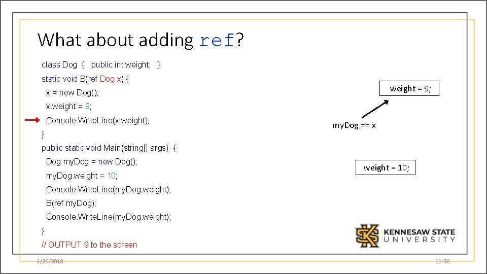 What about adding ref? class Dog { public int weight; } static void B(ref