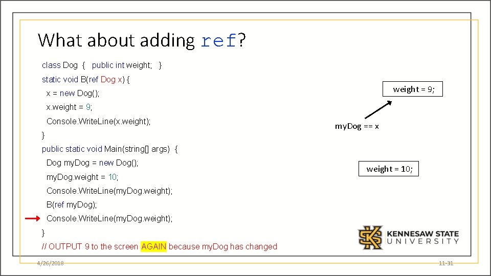 What about adding ref? class Dog { public int weight; } static void B(ref