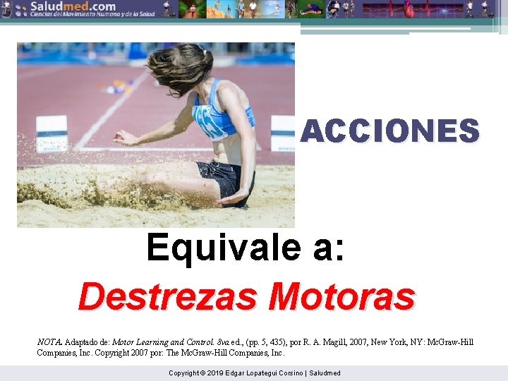 ACCIONES Equivale a: Destrezas Motoras NOTA. Adaptado de: Motor Learning and Control. 8 va