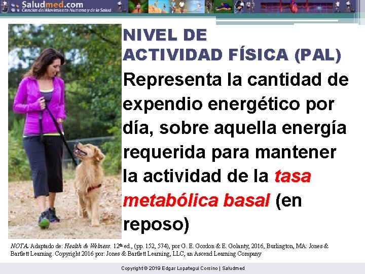 NIVEL DE ACTIVIDAD FÍSICA (PAL) Representa la cantidad de expendio energético por día, sobre