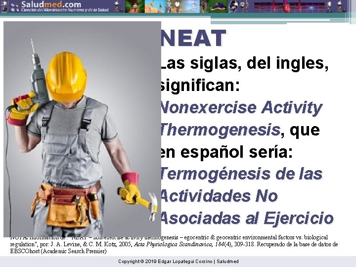 NEAT Las siglas, del ingles, significan: Nonexercise Activity Thermogenesis, Thermogenesis que en español sería: