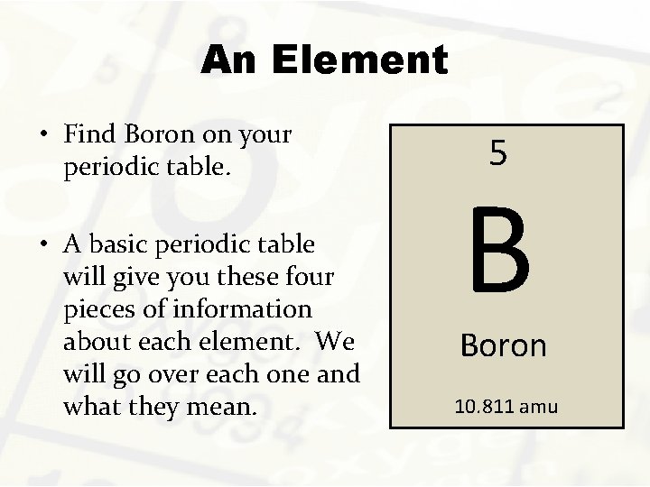 An Element • Find Boron on your periodic table. • A basic periodic table