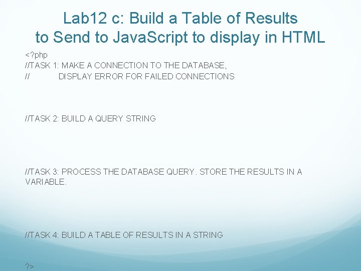 Lab 12 c: Build a Table of Results to Send to Java. Script to
