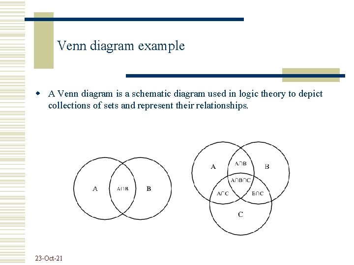Venn diagram example w A Venn diagram is a schematic diagram used in logic