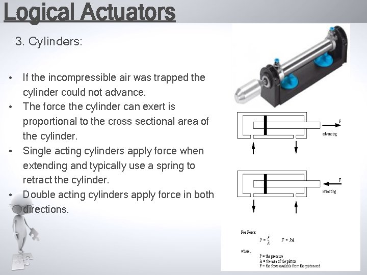 Logical Actuators 3. Cylinders: • If the incompressible air was trapped the cylinder could