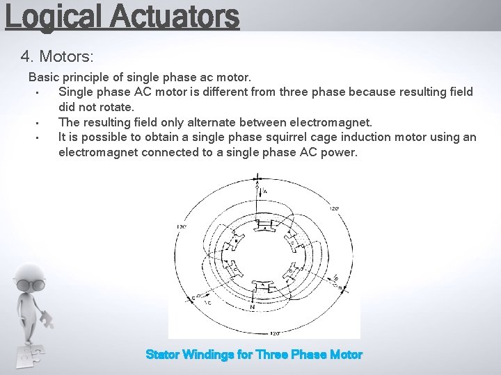 Logical Actuators 4. Motors: Basic principle of single phase ac motor. • Single phase