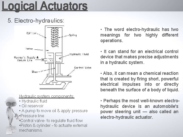 Logical Actuators 5. Electro-hydraulics: • The word electro-hydraulic has two meanings for two highly