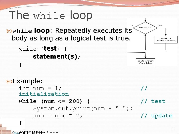 The while loop: Repeatedly executes its body as long as a logical test is The while loop: Repeatedly executes its body as long as a logical test is