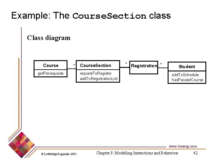 Example: The Course. Section class Class diagram Course * get. Prerequisite © Lethbridge/Laganière 2001