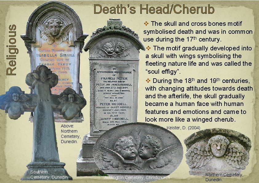 Religious Death’s Head/Cherub 3. Above: Northern Cemetery, Dunedin. Southern Cemetery, Dunedin. v The skull Religious Death’s Head/Cherub 3. Above: Northern Cemetery, Dunedin. Southern Cemetery, Dunedin. v The skull