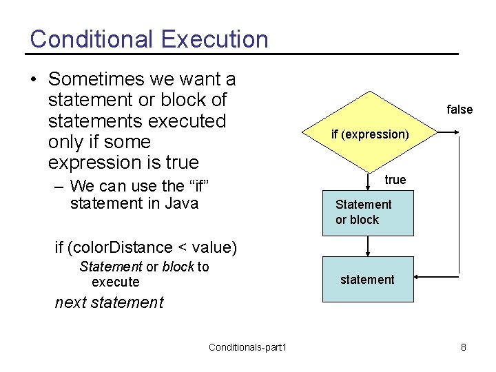 Conditional Execution • Sometimes we want a statement or block of statements executed only