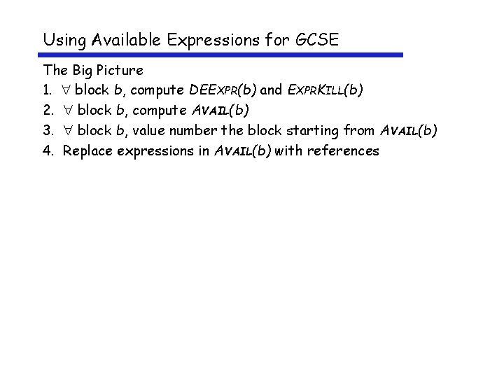 Using Available Expressions for GCSE The Big Picture 1. block b, compute DEEXPR(b) and