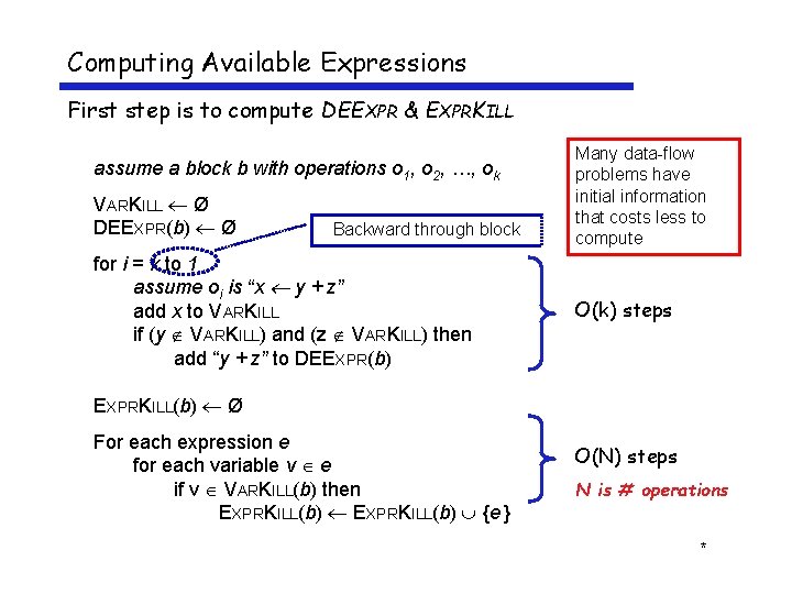 Computing Available Expressions First step is to compute DEEXPR & EXPRKILL assume a block