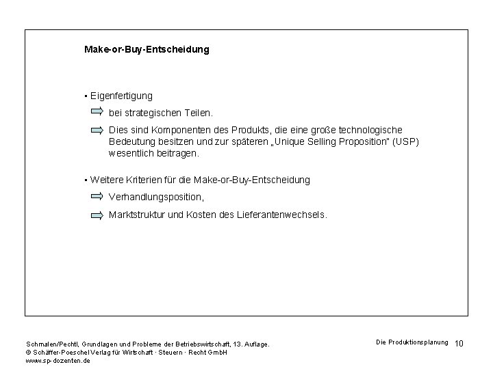 Make-or-Buy-Entscheidung • Eigenfertigung bei strategischen Teilen. Dies sind Komponenten des Produkts, die eine große