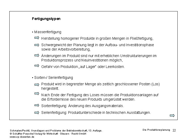 Fertigungstypen • Massenfertigung Herstellung homogener Produkte in großen Mengen in Fließfertigung, Schwergewicht der Planung