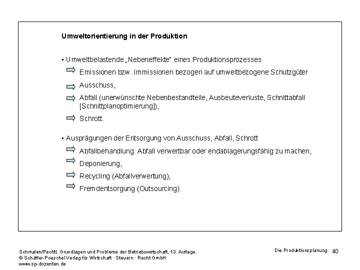 Umweltorientierung in der Produktion • Umweltbelastende „Nebeneffekte“ eines Produktionsprozesses Emissionen bzw. Immissionen bezogen auf