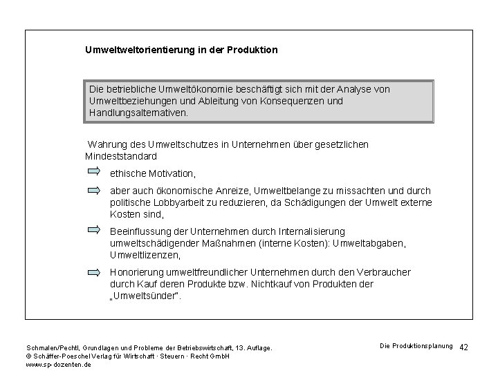 Umweltorientierung in der Produktion Die betriebliche Umweltökonomie beschäftigt sich mit der Analyse von Umweltbeziehungen