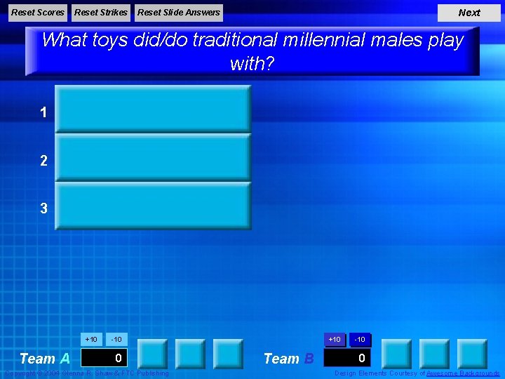 Reset Scores Reset Strikes Next Reset Slide Answers What toys did/do traditional millennial males