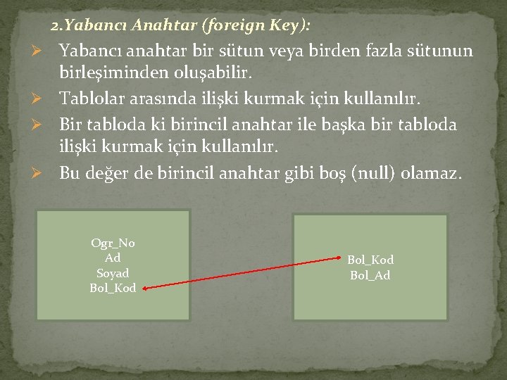 2. Yabancı Anahtar (foreign Key): Ø Yabancı anahtar bir sütun veya birden fazla sütunun