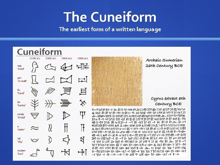 The Cuneiform The earliest form of a written language 