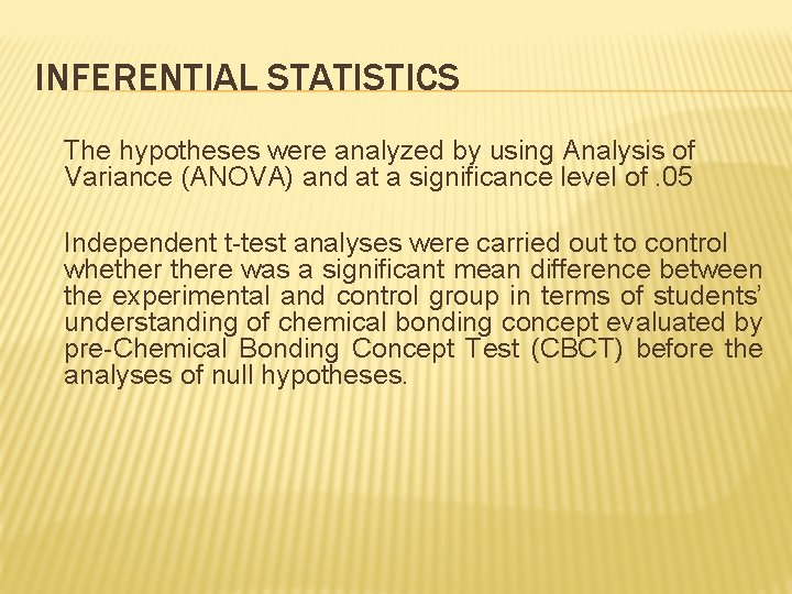 INFERENTIAL STATISTICS The hypotheses were analyzed by using Analysis of Variance (ANOVA) and at