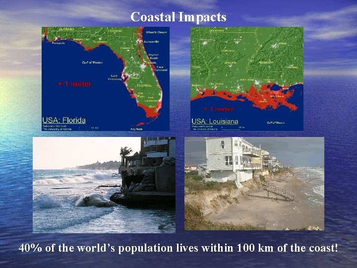 Coastal Impacts 40% of the world’s population lives within 100 km of the coast!