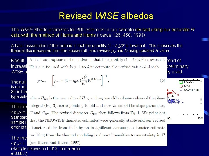 Revised WISE albedos The WISE albedo estimates for 300 asteroids in our sample revised
