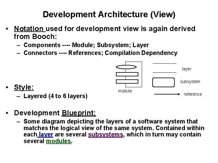 Development Architecture (View) • Notation used for development view is again derived from Booch: